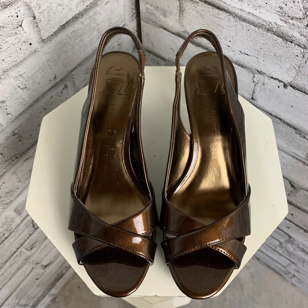 Etienne Aigner Ophelia Open Toe Sling Back Brown Patent Faux Leather Sandals - Picture 2 of 9